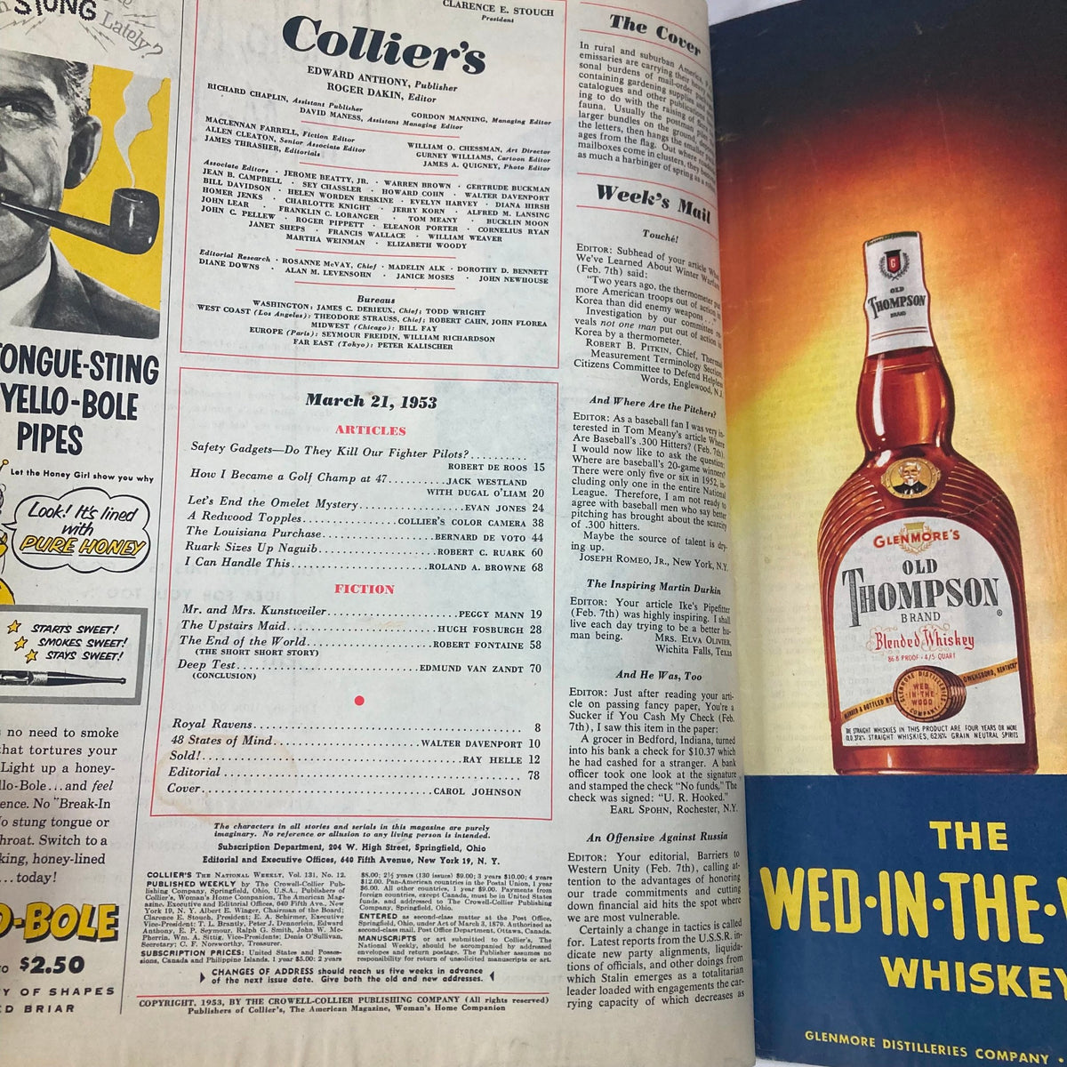 Inside page of VTG Collier's Magazine March 21 1953 Vol 131 No. 12 listing articles and advertisements, showcasing the magazine's vintage style.