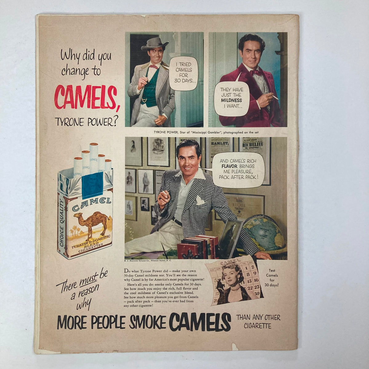 Advertisement page from VTG Collier's Magazine March 21 1953 Vol 131 No. 12 featuring Tyrone Power promoting Camel cigarettes, highlighting vintage advertising techniques.