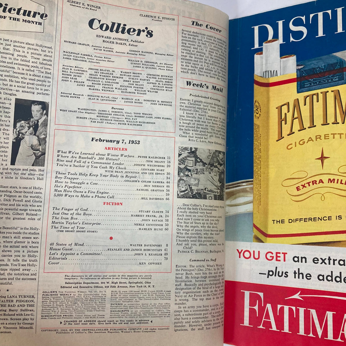Inside page of VTG Collier's Magazine from February 7, 1953 showing the table of contents and article listings. Articles include topics like baseball and community issues, reflecting the socio-cultural context of the time.