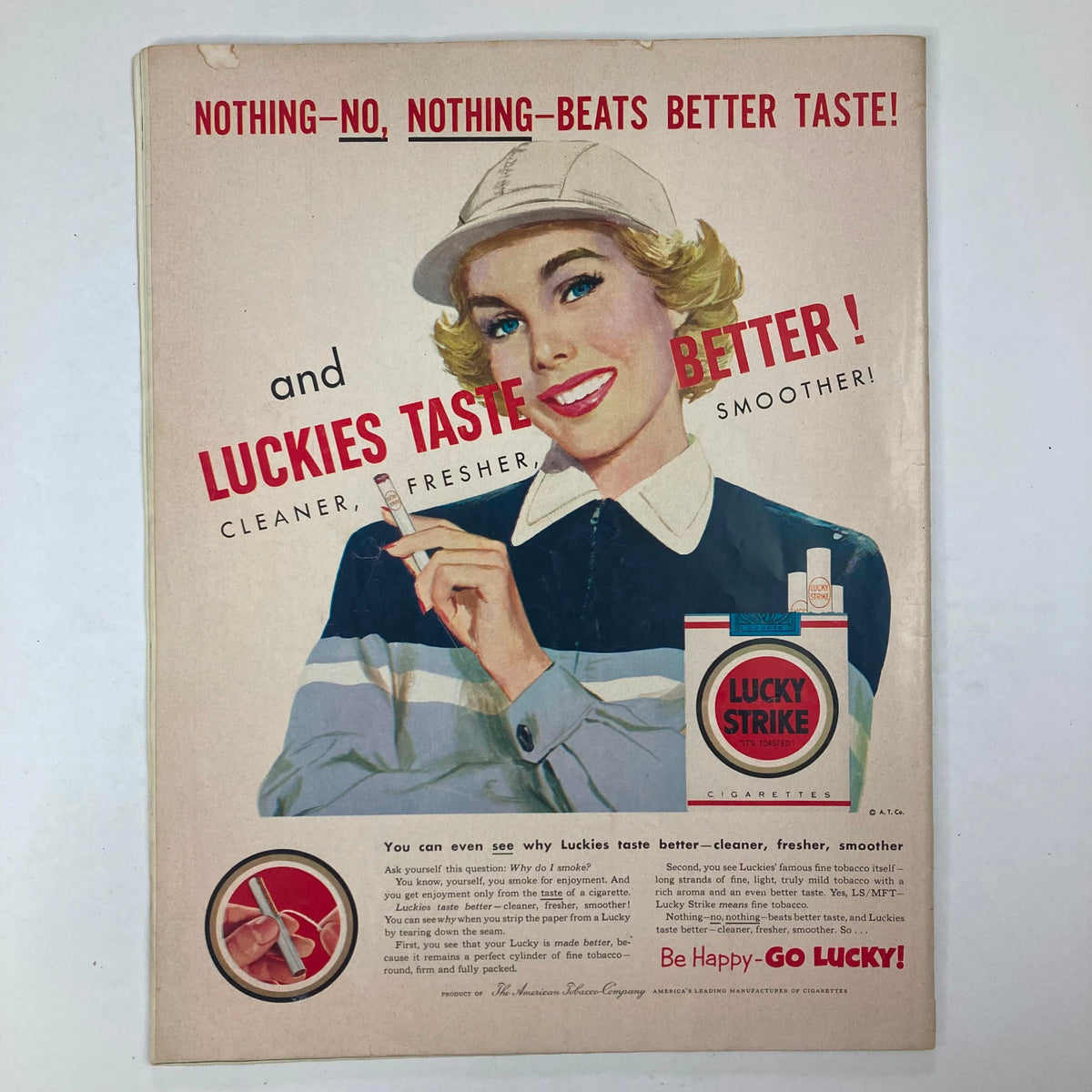 Vintage advertisement from VTG Collier's Magazine February 7, 1953 featuring a woman promoting Luckies cigarettes with the slogan 'Luckies Taste Better!', showcasing 1950s advertising style.