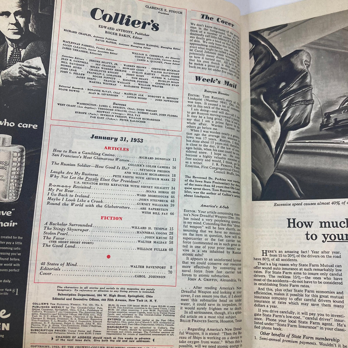 Inside page of VTG Collier's Magazine, January 31, 1953, Volume 131, No. 5, showcasing the contents and articles featured in this vintage issue.