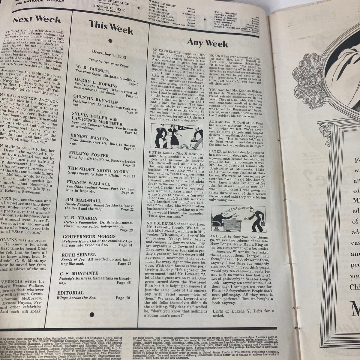 Interior pages of VTG Collier's Magazine December 7 1935 showcasing articles including Ruth Seinfel's "Snarls of Joy" and advertisements, highlighting the historical context of 1930s media.