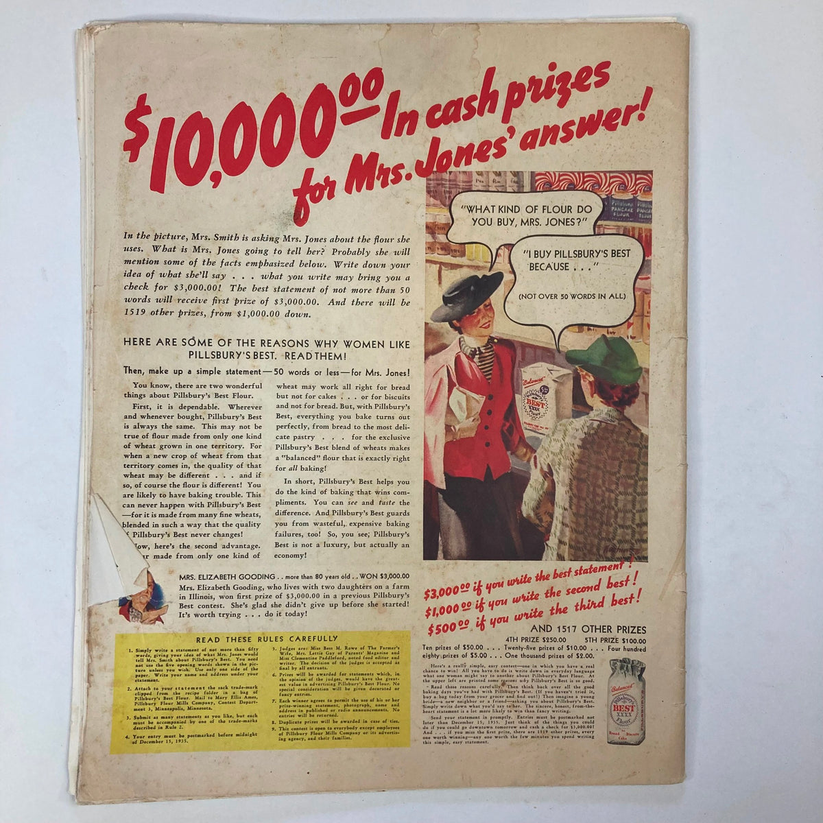 Back cover of VTG Collier's Magazine December 7 1935 featuring a vintage advertisement for Pillsbury's Best flour, part of a contest offering cash prizes, encapsulating retro marketing strategies.