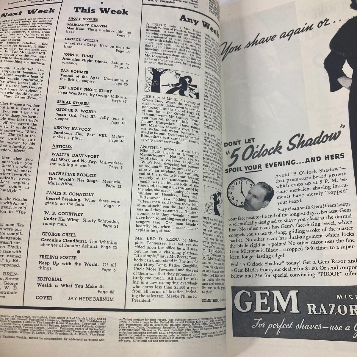 Interior page of VTG Collier's Magazine, November 13, 1937, displaying listings and articles including 'Tunnel of the Apes' by Sax Rohmer, reflecting the literary culture of the late 1930s.