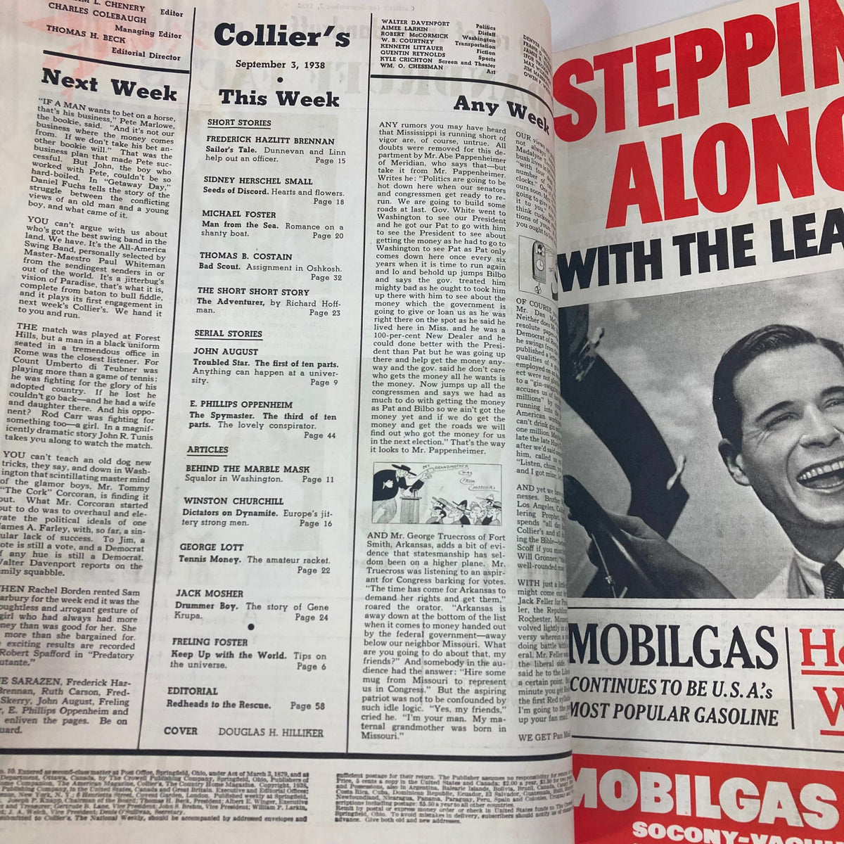 Dual pages of VTG Collier's Magazine dated September 3, 1938, highlighting various articles and magazine contents.