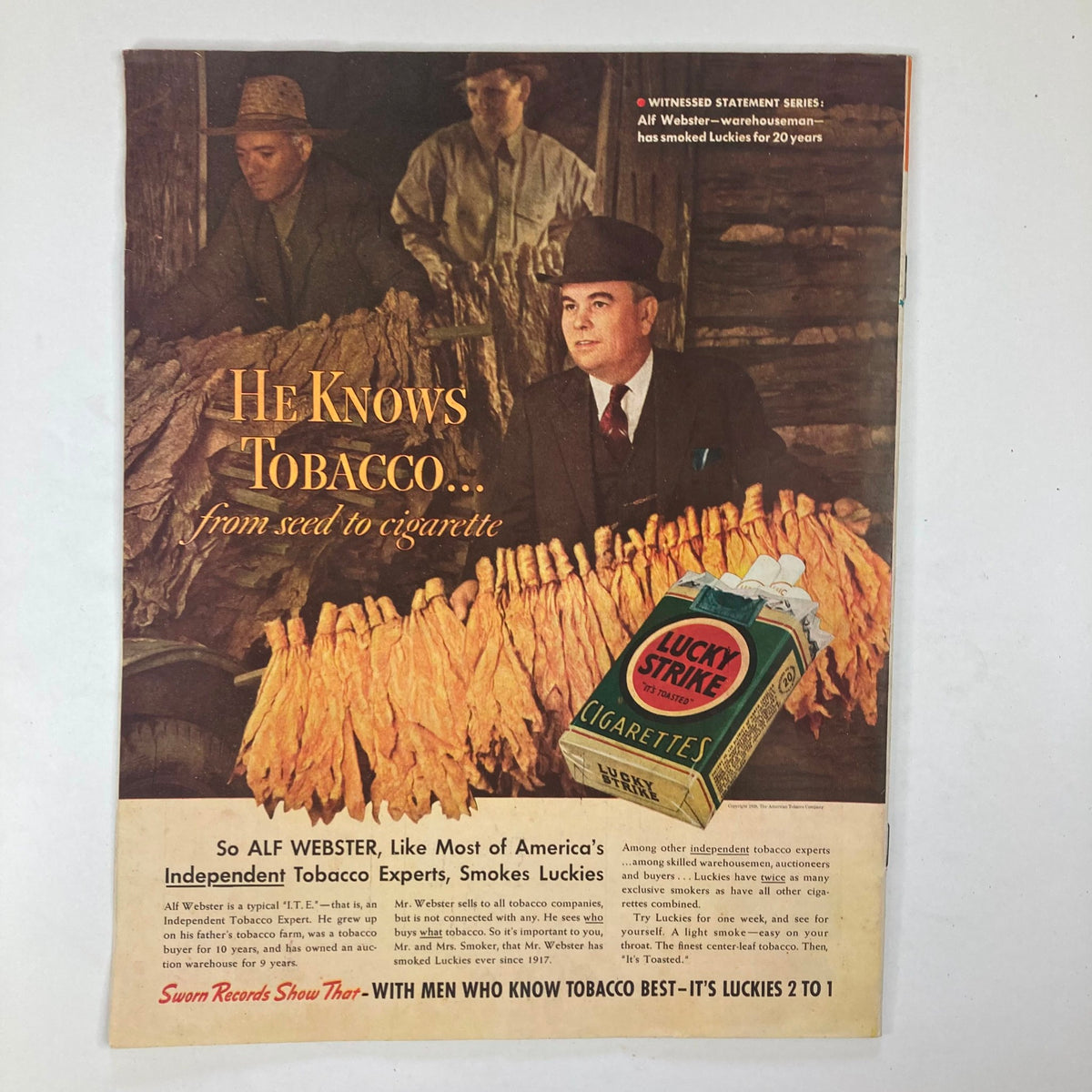 Cover of a vintage advertisement in VTG Collier's Magazine from September 3, 1938, featuring a tobacco expert and Lucky Strike cigarette branding.