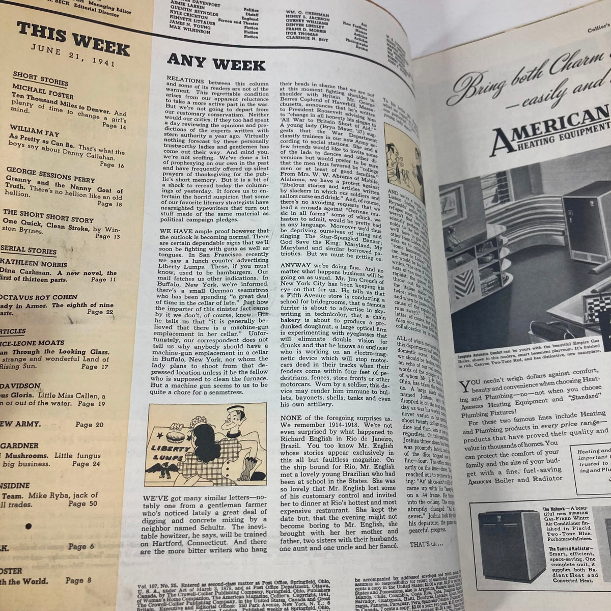 Inside pages of VTG Collier's Magazine June 21 1941 showcasing articles, stories, and advertisements, including a column by Kathleen Norris.