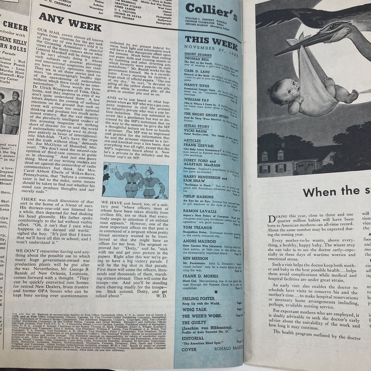 Interior page of VTG Collier's Magazine from November 27, 1942, showcasing articles including 'Any Week' and content relevant to WWII.