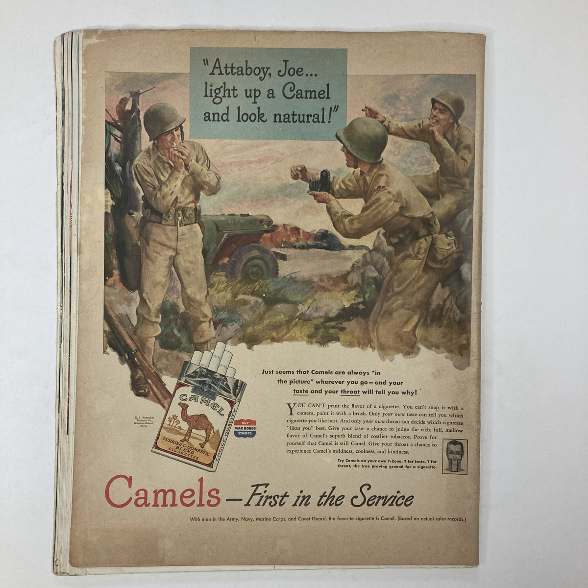Back cover of Collier's Magazine, August 19, 1944, featuring a vintage advertisement for Camel cigarettes, showing soldiers in a wartime setting promoting the brand.