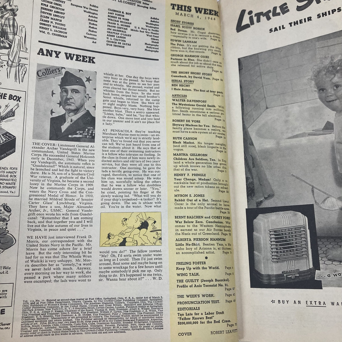 Interior page of VTG Collier's Magazine March 4, 1944 Vol 113 No. 10 featuring Lieutenant General Alexander Vandergrift and various articles from that issue.