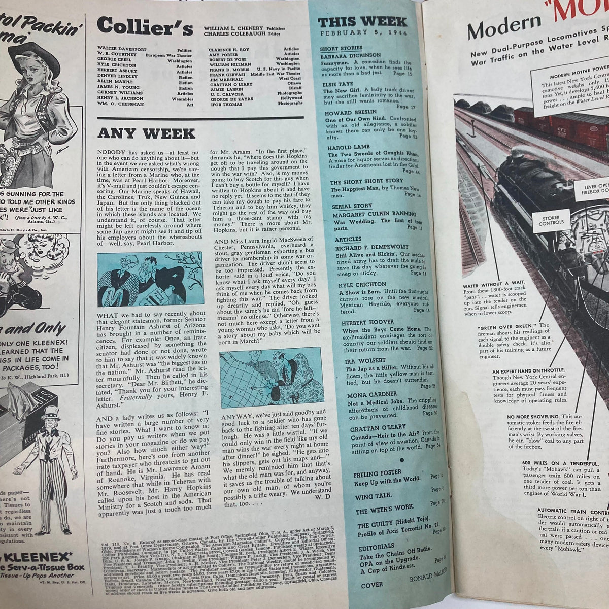 Interior view of VTG Collier's Magazine February 5, 1944, displaying a variety of articles and illustrations, including a section titled "This Week" with highlighted contributions from various authors.