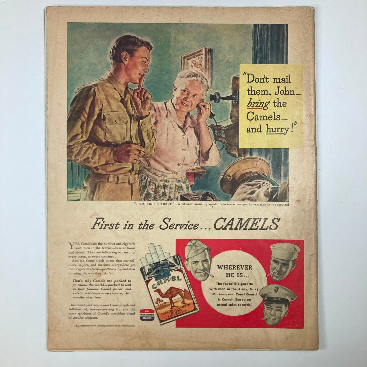 Back cover of VTG Collier's Magazine February 5, 1944, featuring an advertisement for Camel cigarettes with a soldier and a woman, emphasizing the theme 'First in the Service'.