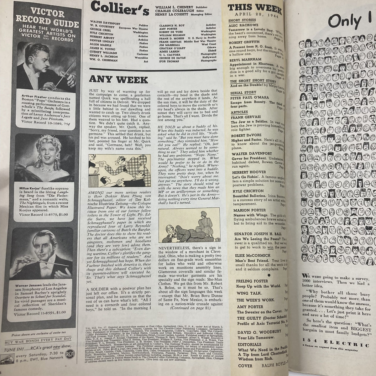 Inside page of VTG Collier's Magazine April 22 1944, Volume 113, Number 17 showing articles and illustrations, reflecting the journalistic style of the era.