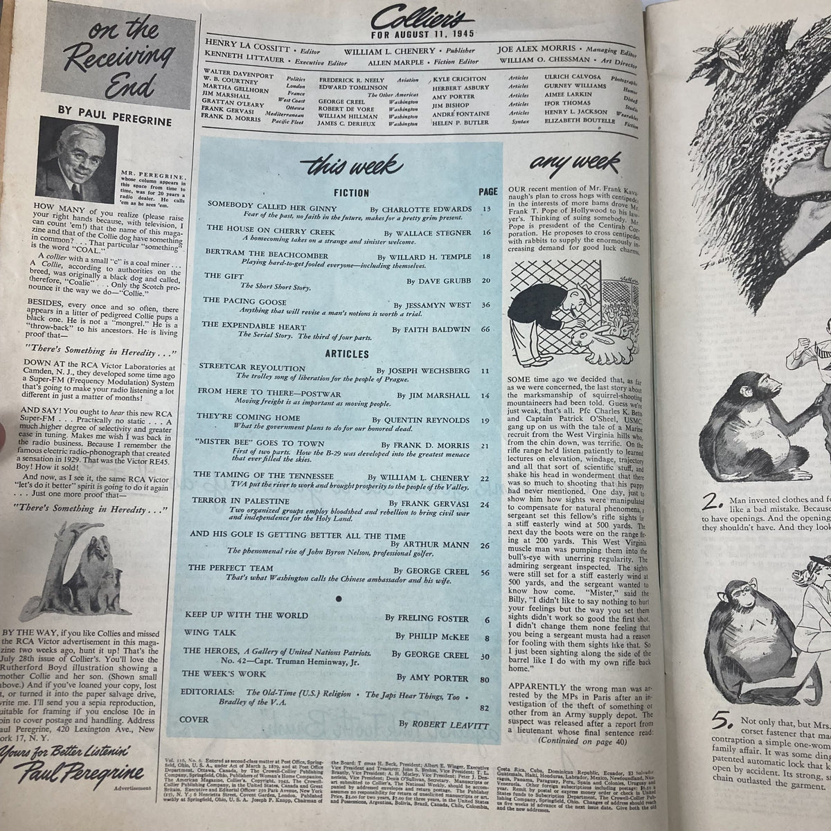 Interior page of VTG Collier's Magazine August 11 1945 displaying the table of contents with featured articles and illustrations, showcasing the editorial content of Volume 116 No. 6.