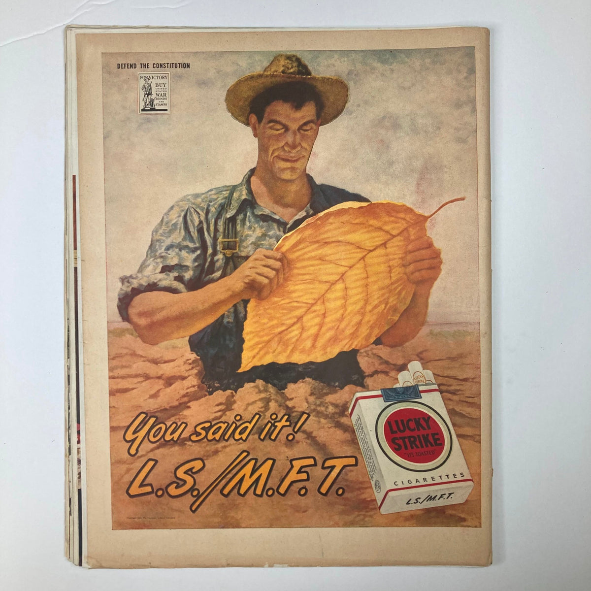 Advertisement page from VTG Collier's Magazine August 4, 1945 featuring a farmer with a large tobacco leaf promoting Lucky Strike cigarettes.