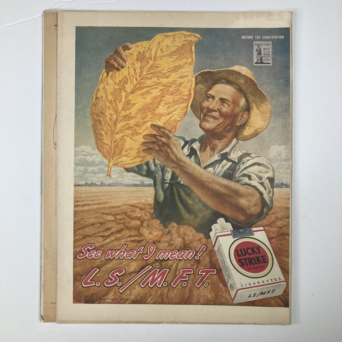 Advertisement page from VTG Collier's Magazine October 20 1945, illustrating a farmer holding a large tobacco leaf, promoting Lucky Strike cigarettes in a nostalgic vintage style.