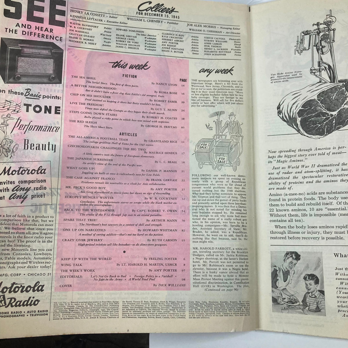 VTG Collier's Magazine December 15 1945 featuring the table of contents with articles and fiction including 'The Sea Shell' and 'The All-America Football Team.' The magazine captures the post-war era with its unique cultural narratives.