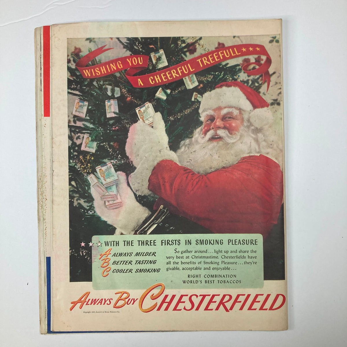 VTG Collier's Magazine December 15 1945 cover featuring Santa Claus surrounded by Christmas-themed decorations and Chesterfield cigarette advertisements, conveying a festive holiday spirit.