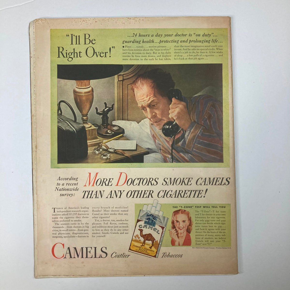 Back cover advertisement of VTG Collier's Magazine May 25, 1946 promoting Camel cigarettes with an engaging illustration of a doctor on call.