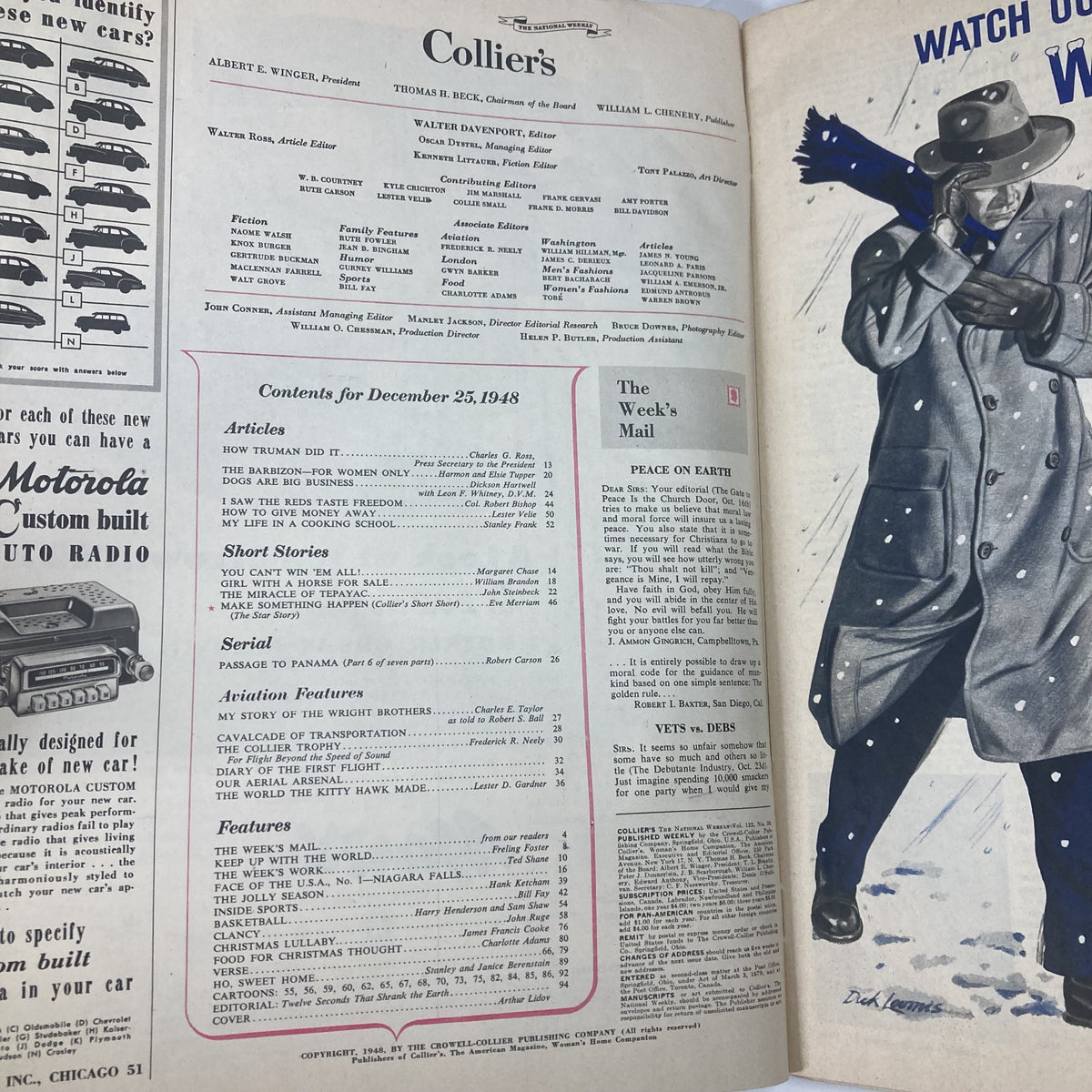 Interior page of VTG Collier's Magazine December 25, 1948, Vol 122 #26, displaying the table of contents including features on aviation and other articles.