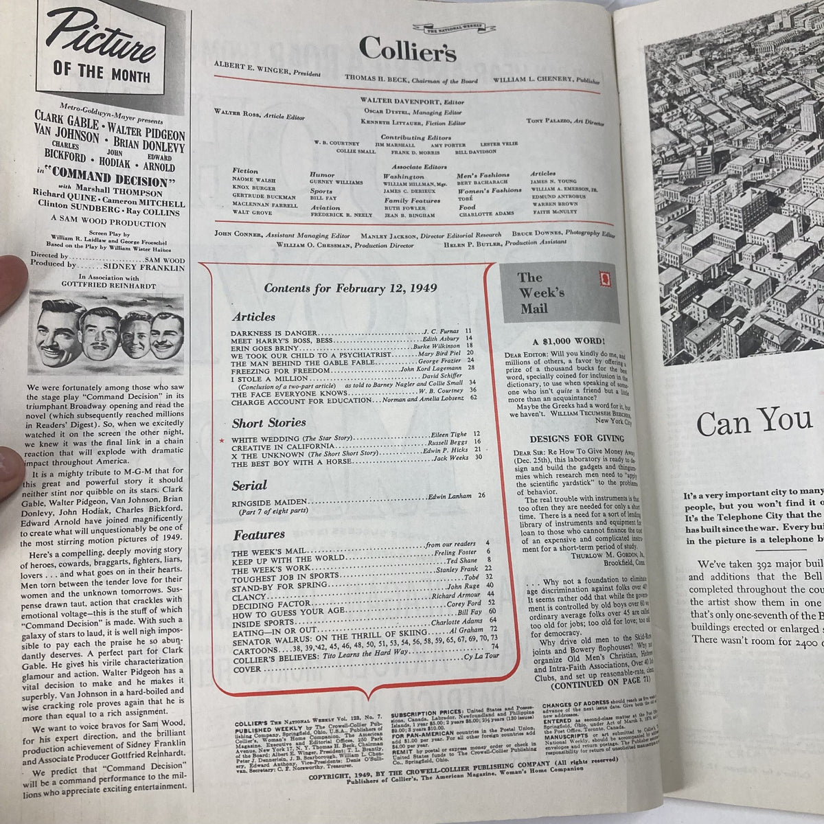 Inside pages of VTG Collier's Magazine February 12 1949 Vol 123 No. 7 displaying contents, articles, and illustrations from its historical publication.