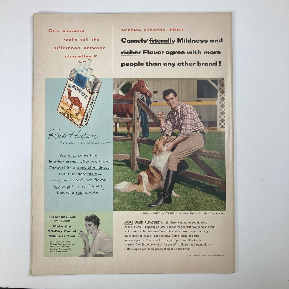 Advertisement page in VTG Collier's Magazine September 17 1954, featuring Rock Hudson endorsing Camel cigarettes.