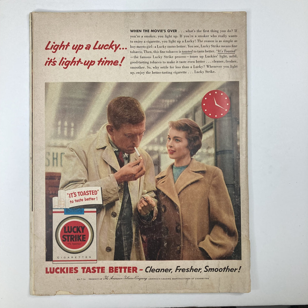 VTG Collier's Magazine April 1 1955 - Cover featuring a couple discussing cigarettes in a nostalgic setting, showcasing a Lucky Strike advertisement.