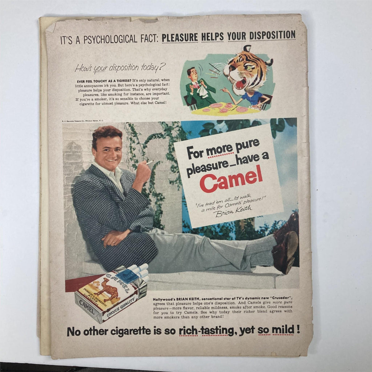 Back cover of VTG Collier's Magazine from September 16, 1955, featuring a vintage cigarette advertisement with an image of Brian Keith promoting Camel cigarettes.