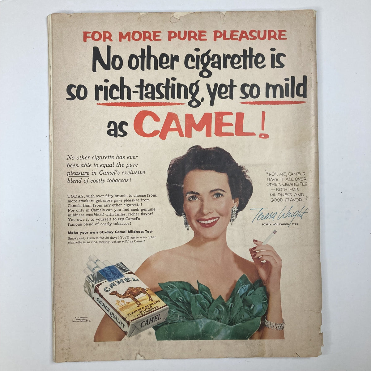 Advertisement from VTG Collier's Magazine January 21 1955 promoting Camel cigarettes, featuring a woman with a cigarette and a pack of Camel, emphasizing the product's rich taste and mildness.