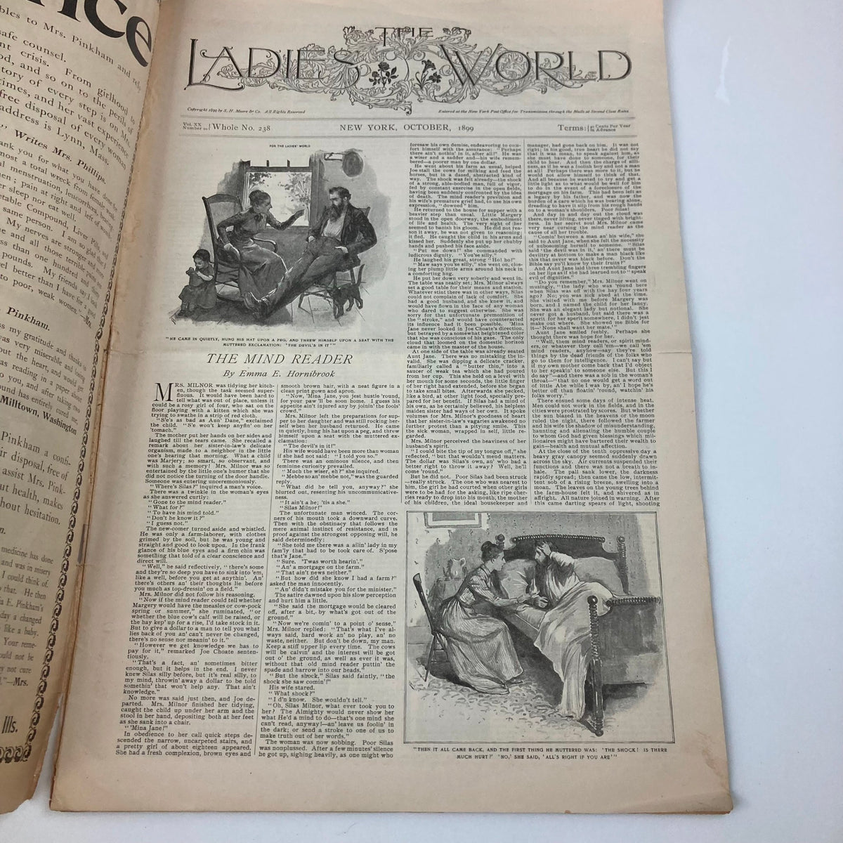 Interior page of VTG The Ladies World Magazine October 1899 No. 238, featuring the article The Mind Reader, displayed with illustrations reflecting popular mysticism of the time.