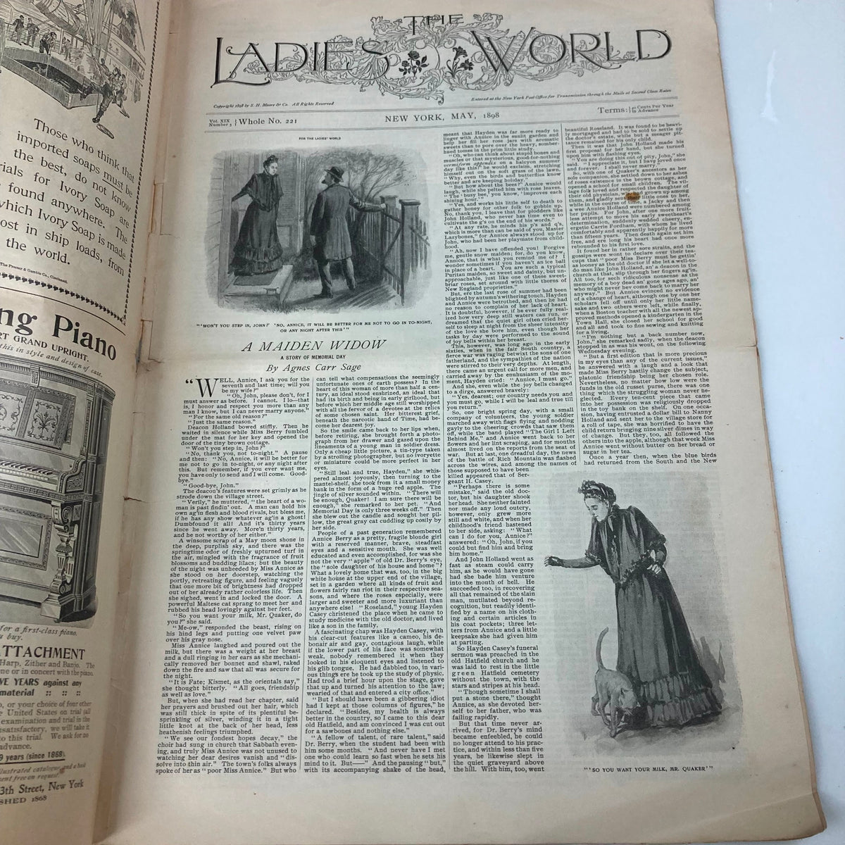 Interior page of VTG The Ladies World Magazine May 1898 No. 221 featuring the article 'A Maiden Widow', showcasing vintage illustrations and text reflecting 19th century societal themes.