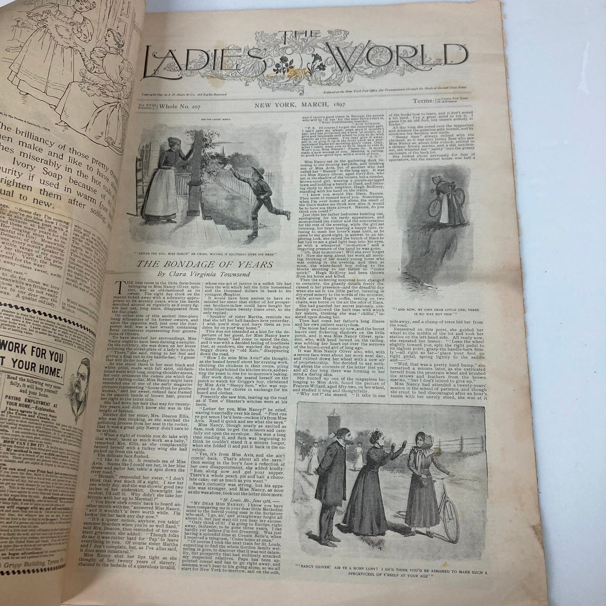 Interior page of VTG The Ladies World Magazine March 1897 No. 207, showcasing articles and illustrations, including a segment titled 'The Bondage of Years,' reflecting 19th-century societal discussions.