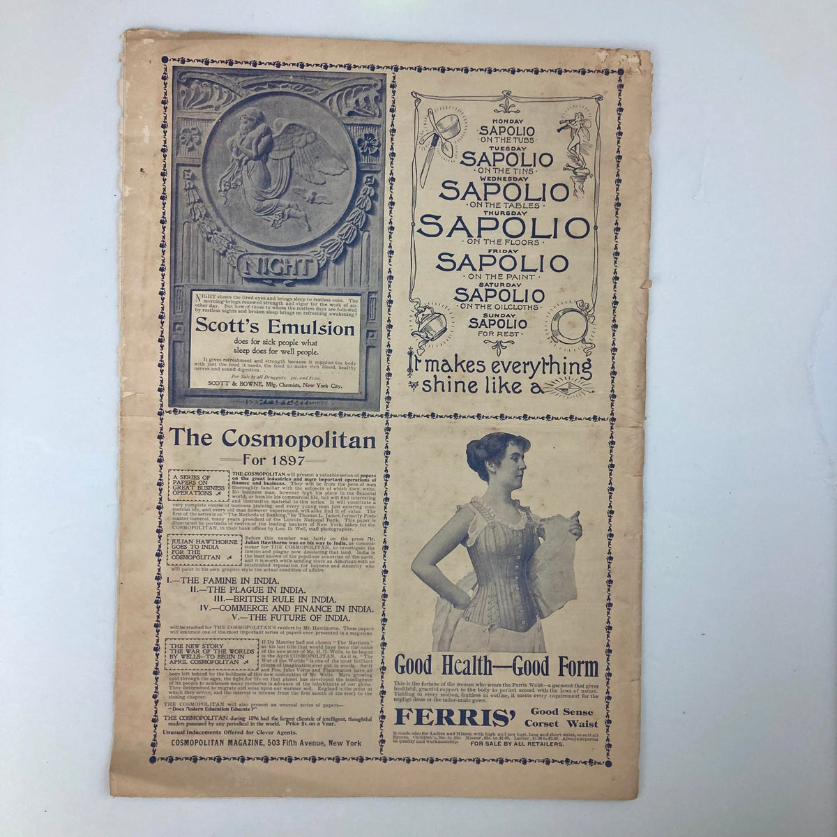 Vintage magazine page featuring advertisements and illustrations from The Ladies World Magazine March 1897 No. 207 The Bond of Years, showcasing 19th-century fashion and health tips.