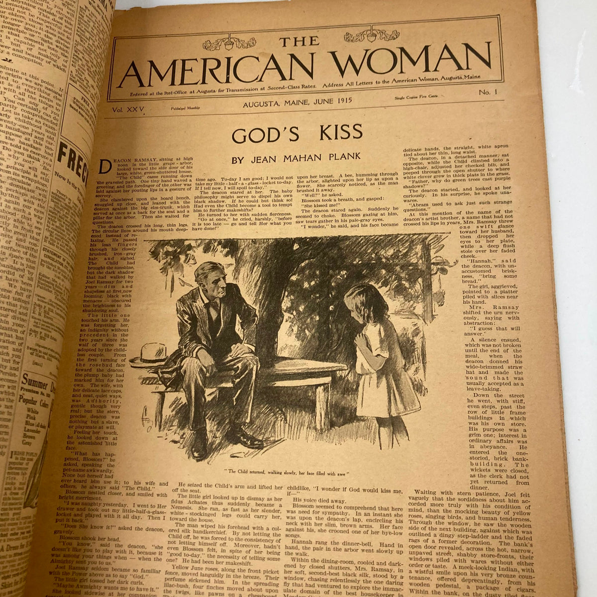 Interior page of the VTG The American Woman Magazine, June 1915, featuring the lead article 'God's Kiss' by Jean Mahan Plank, complemented by an illustration that reflects historical themes and storytelling.