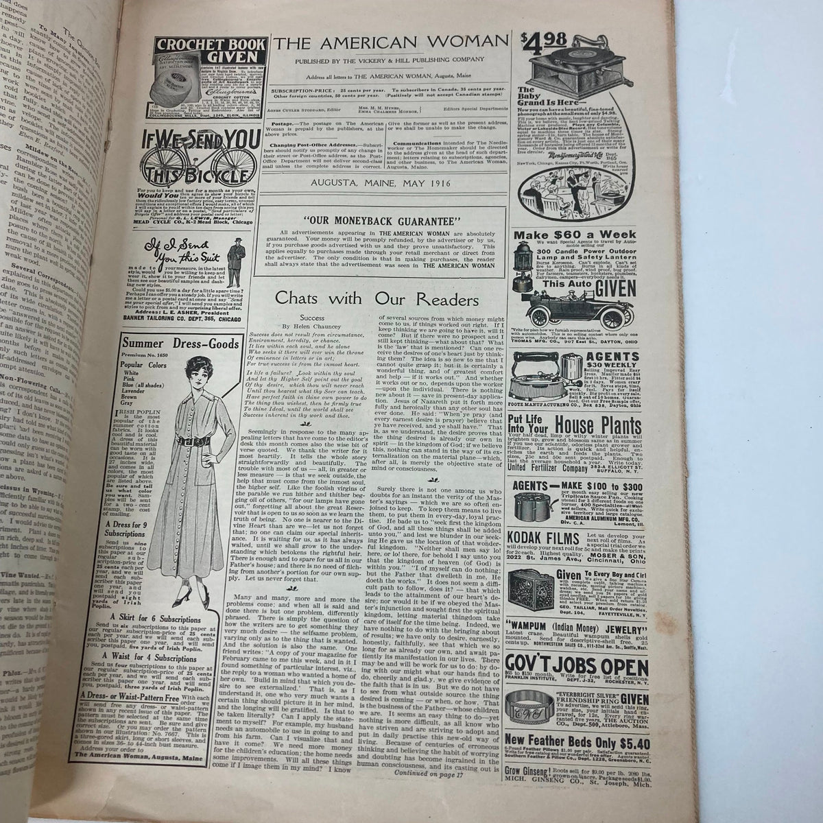Interior page of VTG The American Woman Magazine May 1916 highlighting advertisements and an article section titled 'Chats with Our Readers'.