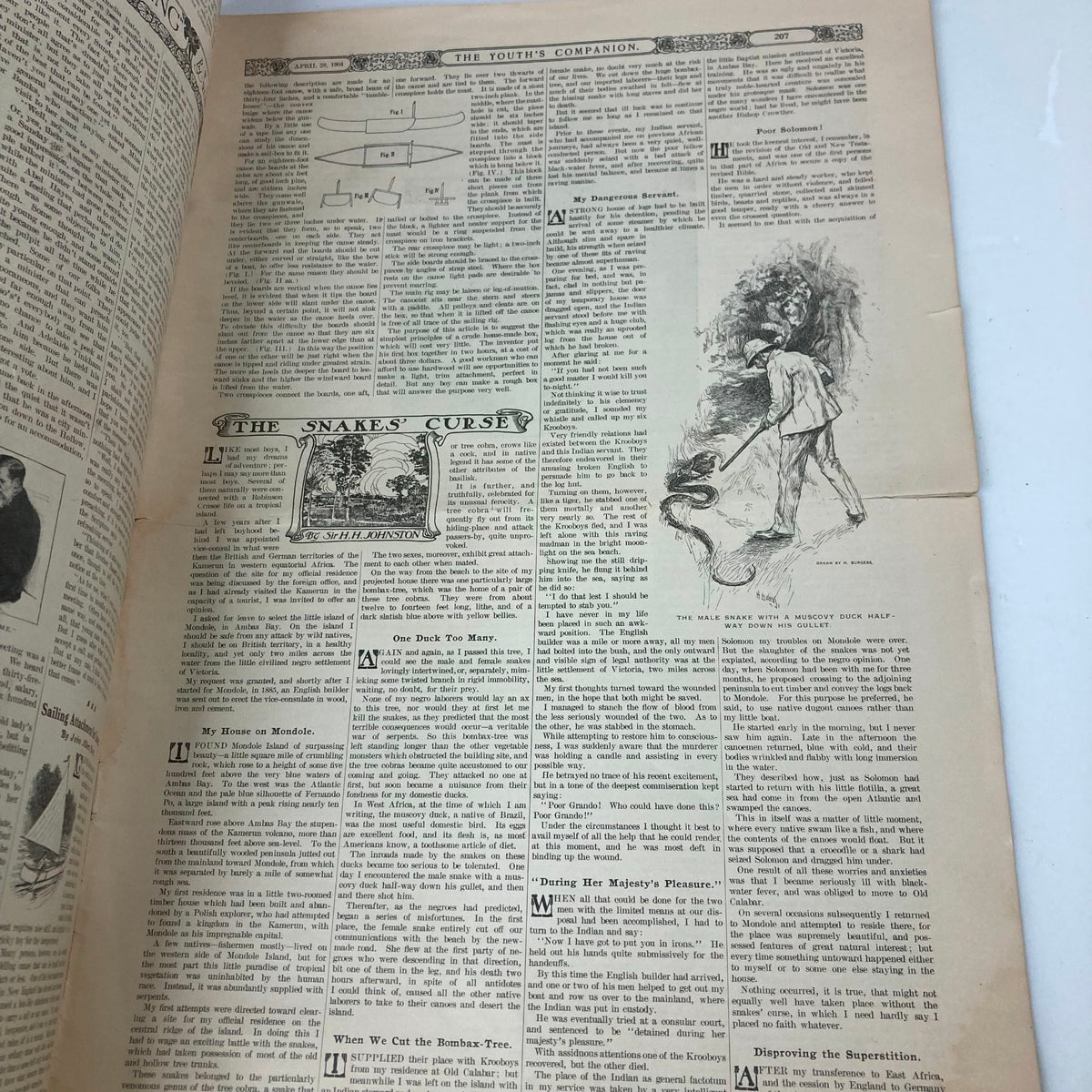 Interior view of VTG The Youth's Companion Magazine, April 28, 1904, showcasing the story 'The Snakes' Curse' with accompanying illustrations and text.