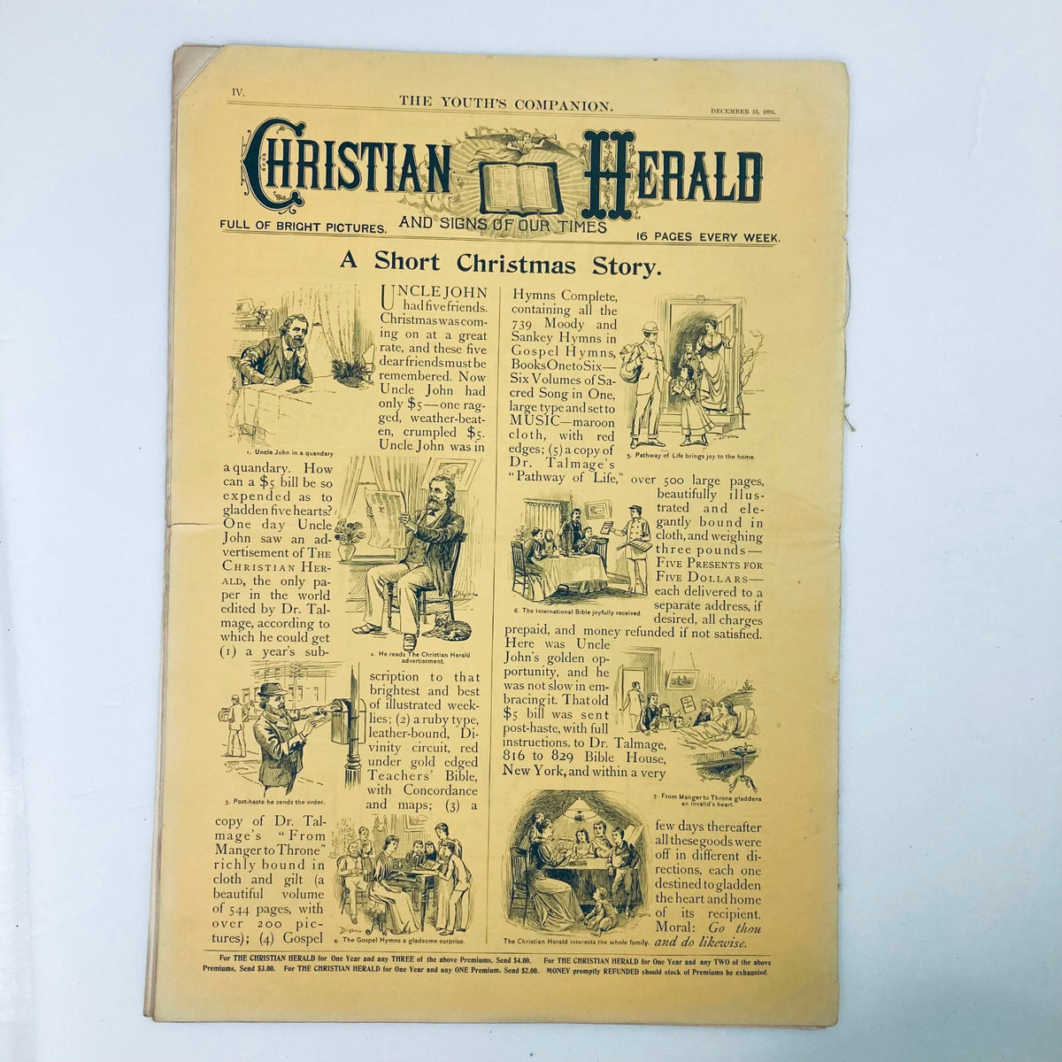 Back cover of The Youth's Companion Magazine December 13, 1894 featuring 'Christian Herald' and a short Christmas story, adorned with period illustrations and advertisements.