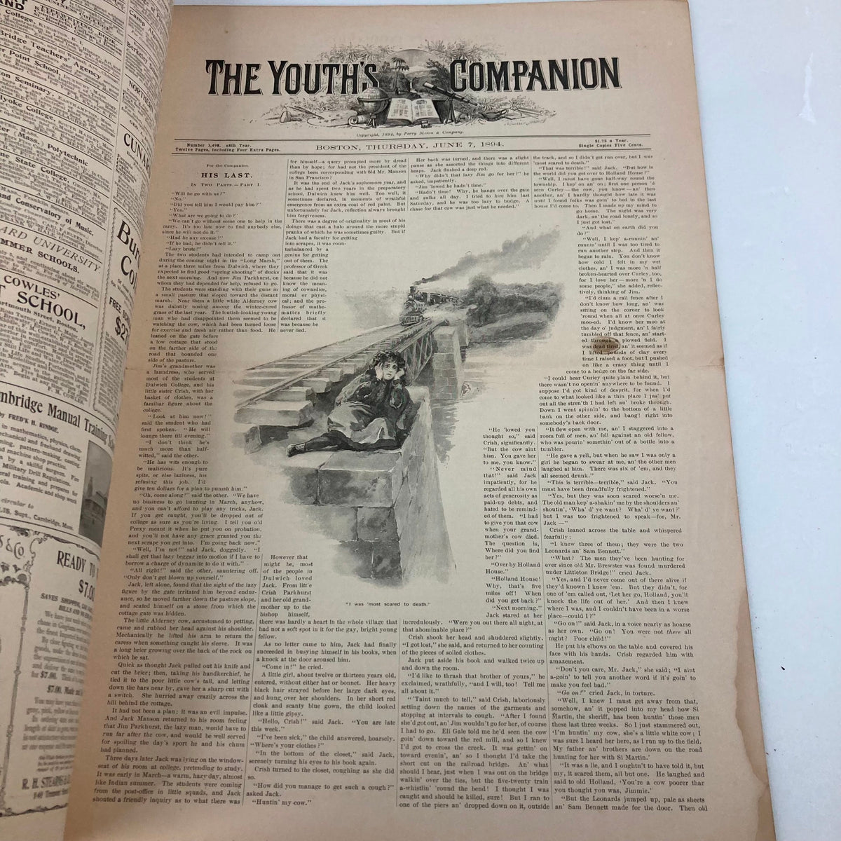 Interior page of VTG The Youth's Companion Magazine from June 7, 1894, featuring an illustration and text content about tramping and camping.