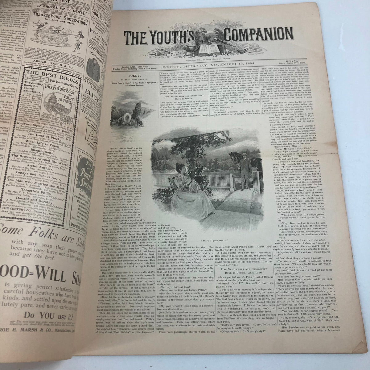 Interior page of The Youth's Companion Magazine, November 15, 1894, showcasing an article titled 'Polly,' with vintage illustrations and advertisements reflective of its time.