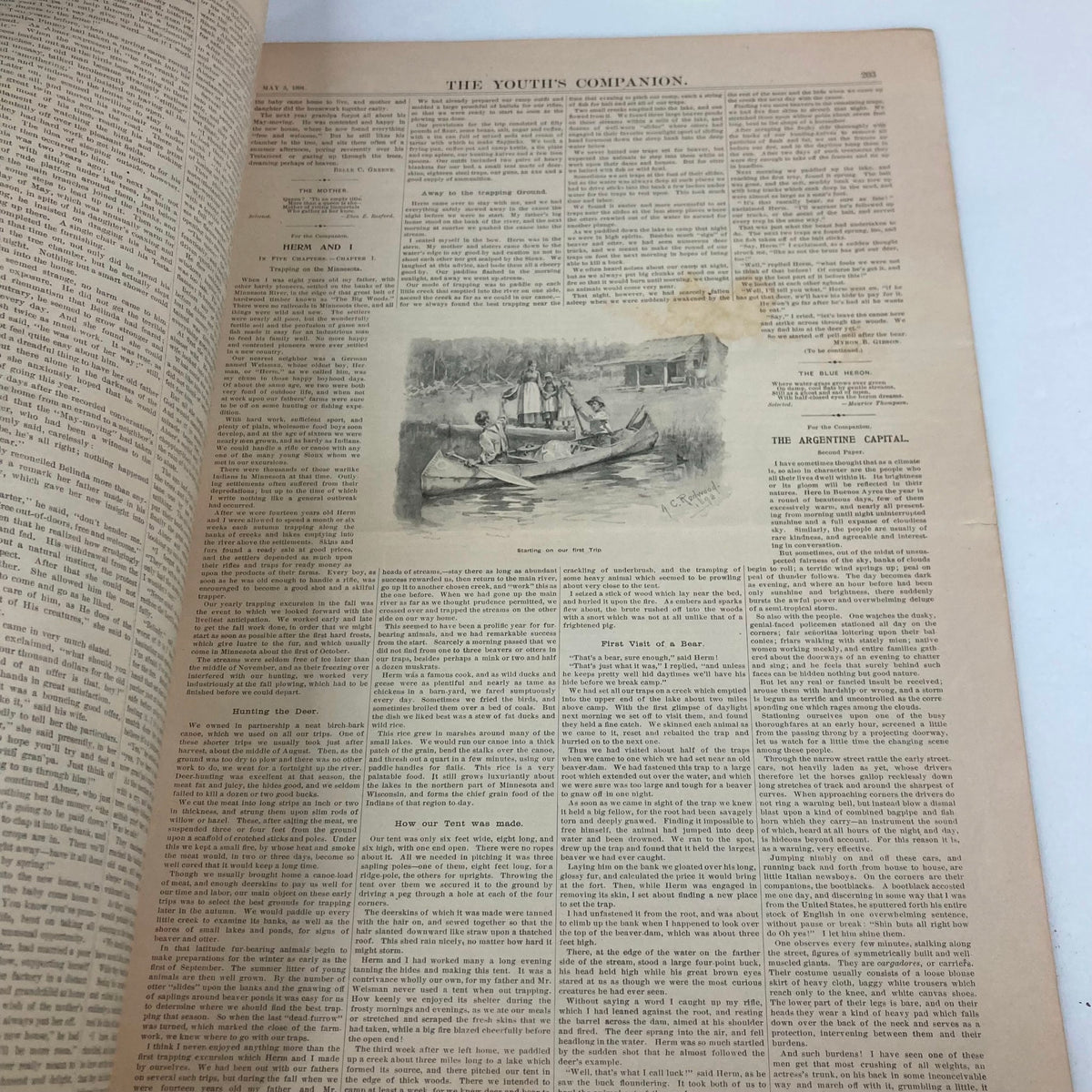 Interior page of VTG The Youth's Companion Magazine from May 3, 1894, displaying articles and illustrations that reflect the cultural themes of the late 19th century.
