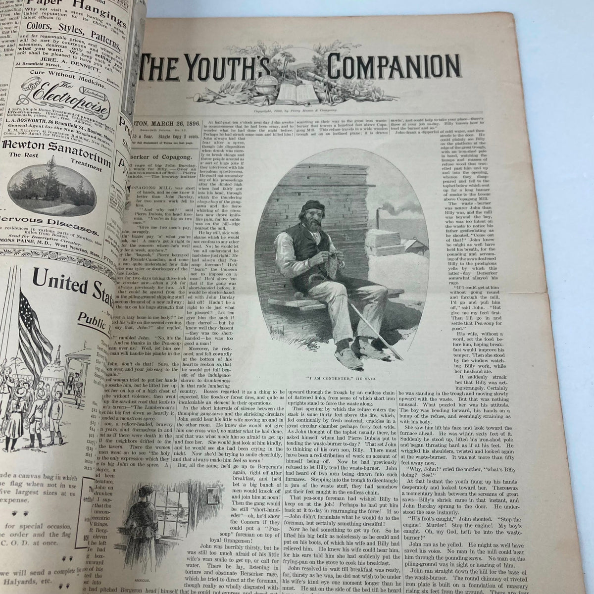 Inside page of VTG The Youth's Companion Magazine from March 26, 1896, showcasing an illustration and article content related to 'A Berserker of Copagong'.