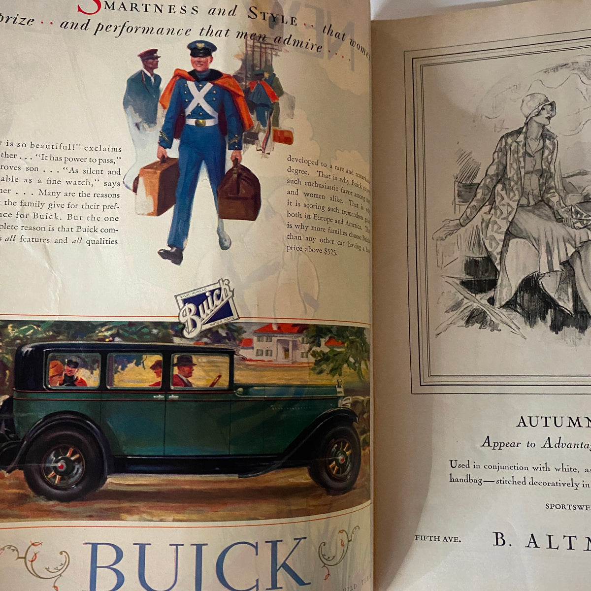 Vintage advertisement from The New Yorker magazine, featuring a Buick car and an illustration related to autumn fashion, from the June 30, 1928 issue with Helen E. Hokinson cover.