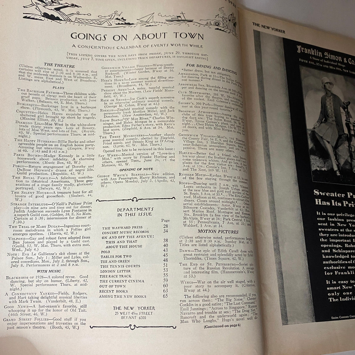 The New Yorker Complete Magazine June 30, 1928 featuring 'Goings On About Town' listing events in New York City.