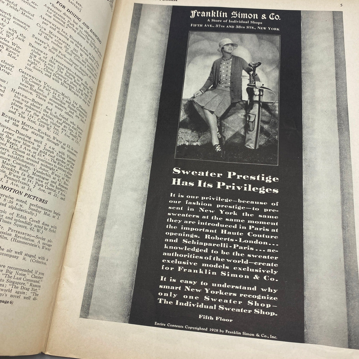 The New Yorker Complete Magazine June 30, 1928 advertisement for Franklin Simon & Co., showcasing fashionable clothing.