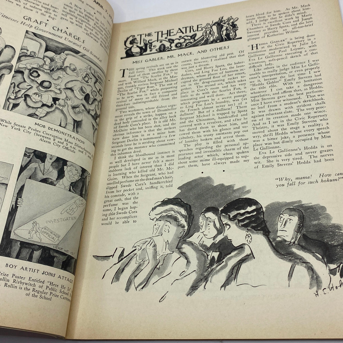 The New Yorker Complete Magazine April 7, 1928, featuring 'The Theatre' section with illustrations and commentary on theatrical performances.