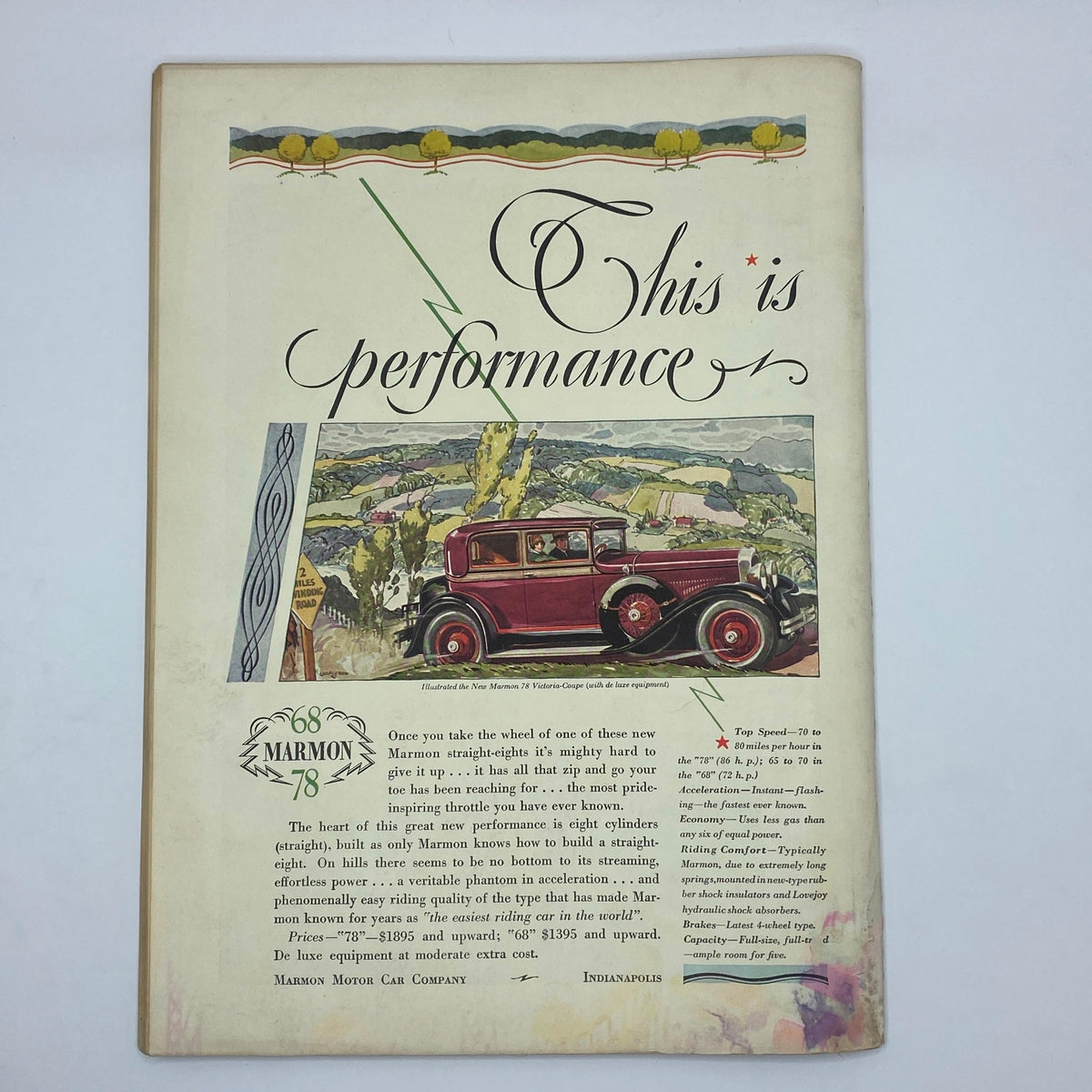 Advertisement from The New Yorker Complete Magazine April 7, 1928, promoting the Marmon car with a scenic illustration showcasing the vehicle.