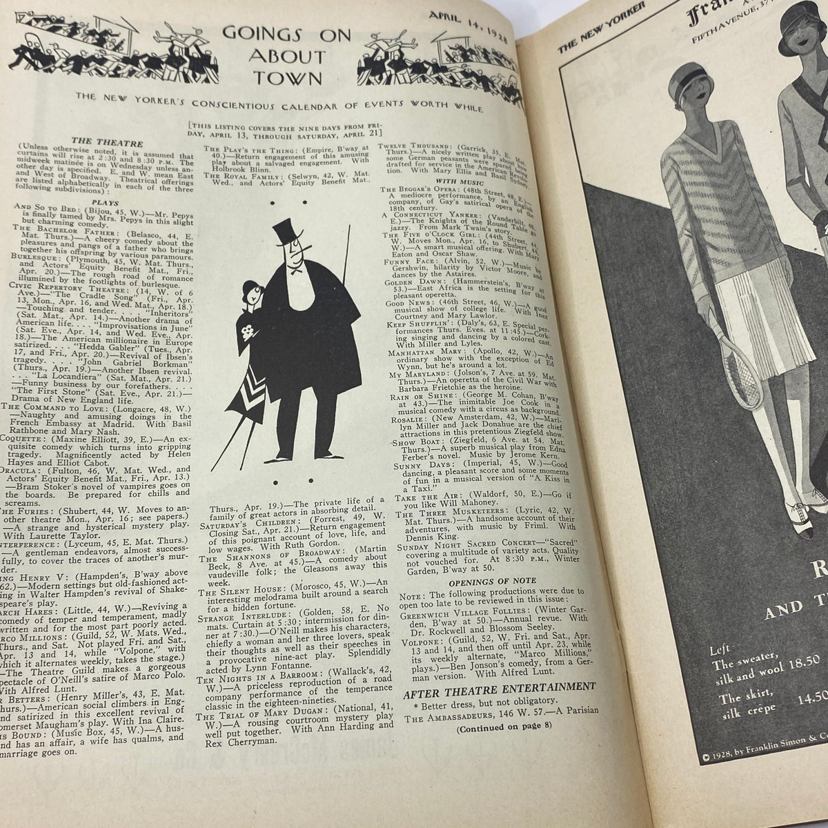 Interior page of The New Yorker Complete Magazine April 14, 1928, featuring the 'Goings On About Town' column, showcasing the magazine's distinctive illustration style and layout.