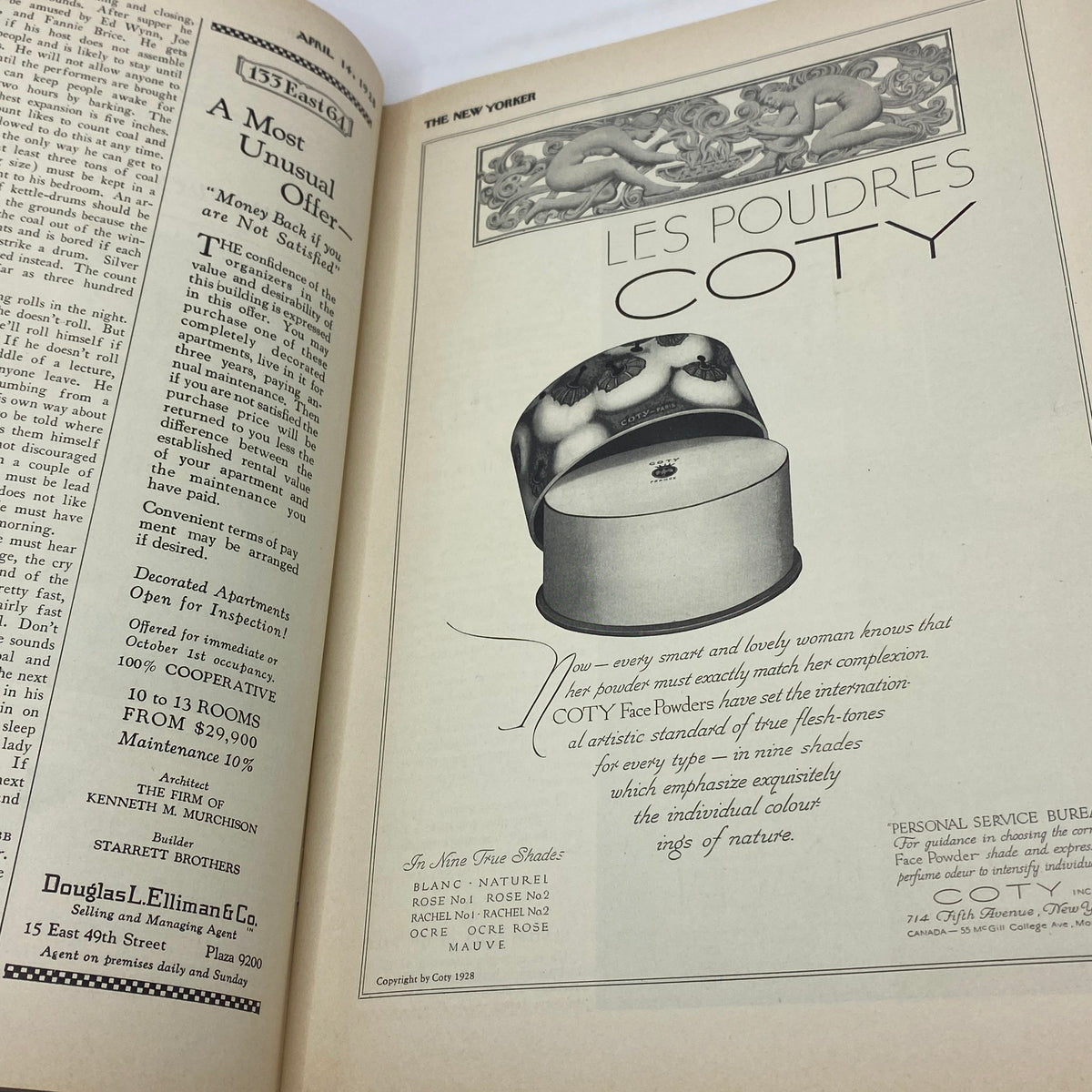 Interior page of The New Yorker Complete Magazine – April 14, 1928 featuring an advertisement for Coty Face Powder, showcasing early 20th-century vintage advertising design.