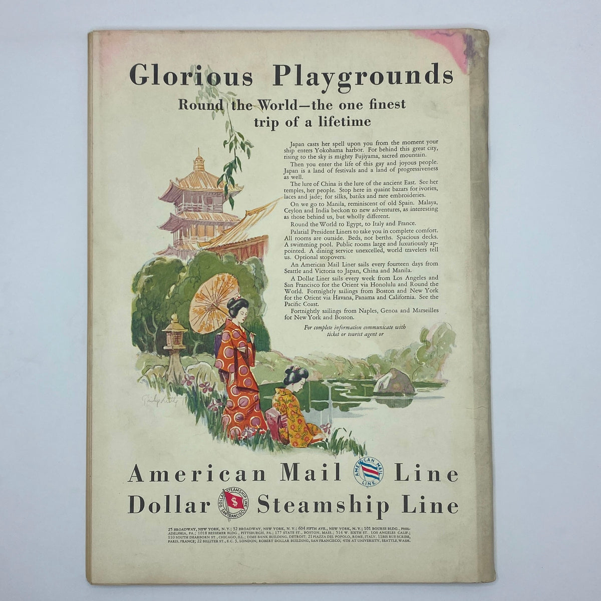 Back cover of The New Yorker Complete Magazine – April 14, 1928 displaying a colorful advertisement for American Mail Line showcasing a scenic view of Japan with cultural elements.