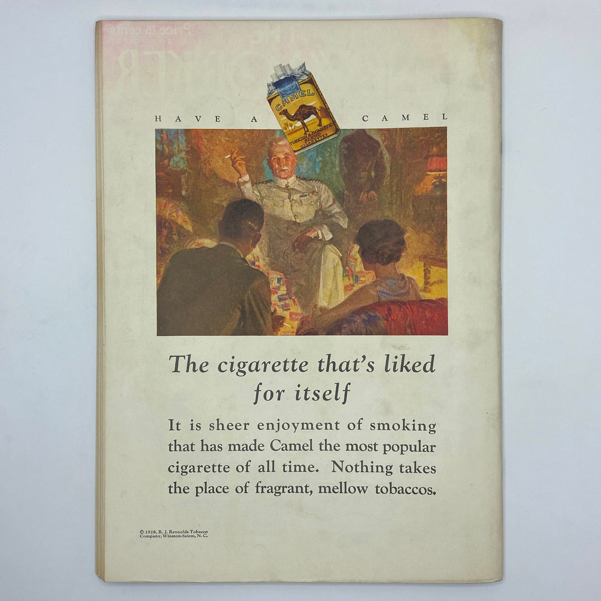 Back cover of The New Yorker Complete Magazine April 21, 1928 showcasing a vintage advertisement for Camel cigarettes, emphasizing its popularity and smooth enjoyment, set in a charming nostalgic scene.